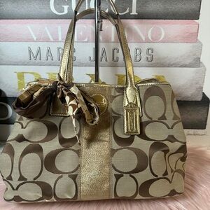 Coach Signature Stripe Kisslock Carryall Tan and Gold Signature Shoulder Bag.